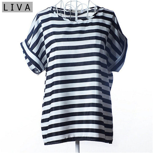 Summer Thin Women Shirt S-XXL Summer Style Loose Colorful Print Chiffon Blouse Casual Tops Short Sleeve Blusa Feminina Stripe