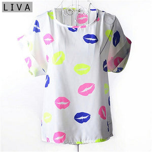 Summer Vintage Wheels Blusas Femininas Womens O-Neck Front Up Short Sleeve Blouse Sexy Multicolor Chiffon Shirt Tops Big Size