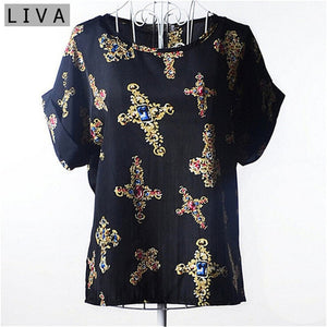 Summer Vintage Wheels Blusas Femininas Womens O-Neck Front Up Short Sleeve Blouse Sexy Multicolor Chiffon Shirt Tops Big Size