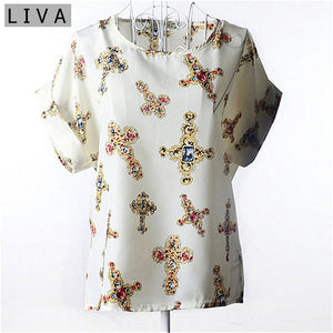 Summer Vintage Wheels Blusas Femininas Womens O-Neck Front Up Short Sleeve Blouse Sexy Multicolor Chiffon Shirt Tops Big Size