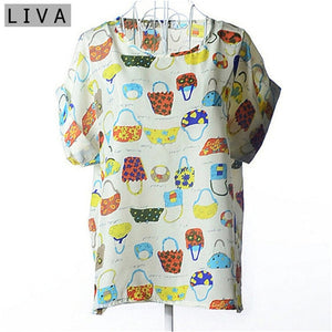 Summer Vintage Wheels Blusas Femininas Womens O-Neck Front Up Short Sleeve Blouse Sexy Multicolor Chiffon Shirt Tops Big Size