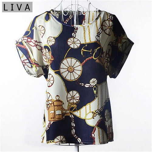 Summer Vintage Wheels Blusas Femininas Womens O-Neck Front Up Short Sleeve Blouse Sexy Multicolor Chiffon Shirt Tops Big Size
