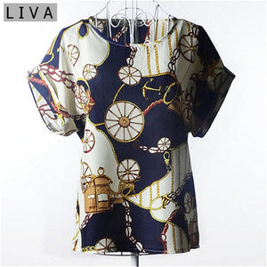 Summer Vintage Wheels Blusas Femininas Womens O-Neck Front Up Short Sleeve Blouse Sexy Multicolor Chiffon Shirt Tops Big Size