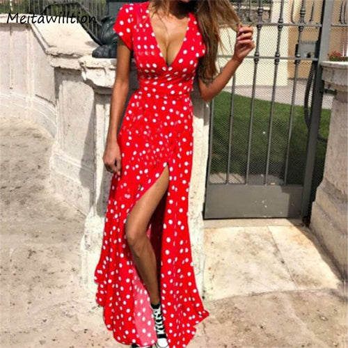 Summer Women Boho Dress 2020 Sexy V Neck Short Sleeve Beach Sundress Casual Dot Print Long Dress Vintage Party Dresses