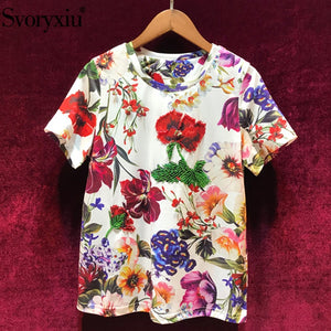 Svoryxiu 2019 New Women's Summer Flower Print Short Sleeve T Shirts Fashion Casual Beading Designer Tops Tees Female