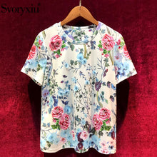 Load image into Gallery viewer, Svoryxiu 2019 Summer Elegant Flower Print Cotton Tops Tees Women&#39;s Fashion Diamond Appliques Big Size T Shirts Female