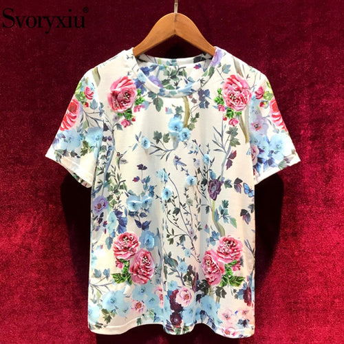 Svoryxiu 2019 Summer Elegant Flower Print Cotton Tops Tees Women's Fashion Diamond Appliques Big Size T Shirts Female