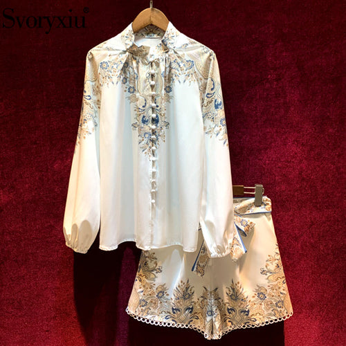 Svoryxiu 2020 New Spring Summer Runway Two Piece Set Women's Elegant Lantern Sleeve Flower Print Blouse + Shorts Suits Fashion