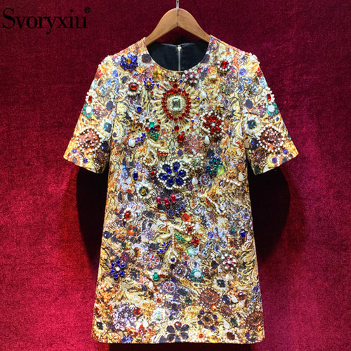 Svoryxiu Autumn Runway luxury Pearl Diamond Mini Dress Women's Fashion Short Sleeve Vintage Printed Party Short Dress Vestdios