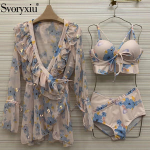 Svoryxiu Designer Summer Sexy Swimsuit Three Pieces Set Women's High Waist Bikini + Sun Protection Cloak Ladies Beach Sets