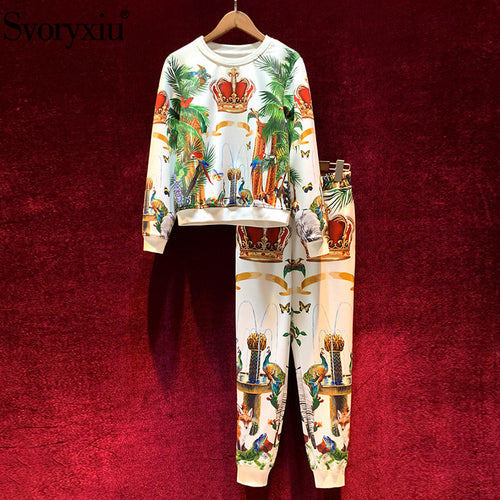 Svoryxiu Fashion Runway Autumn Winter Pants Suits Women's Vintage Crown Animal Printing Casual Motion Two Piece Set Female