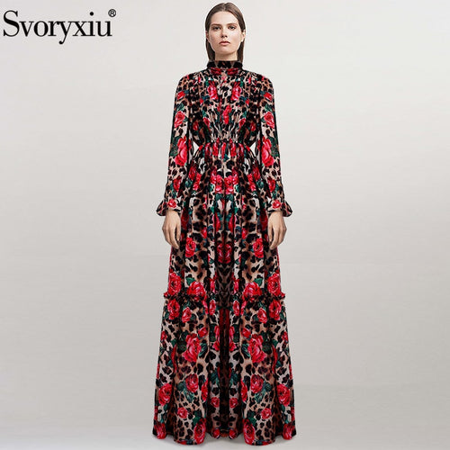 Svoryxiu Runway Autumn Long Sleeve Maxi Dresses Women's Vintage Rose Floral Leopard Printed Custom Big Size Robe Maxi Long Dress