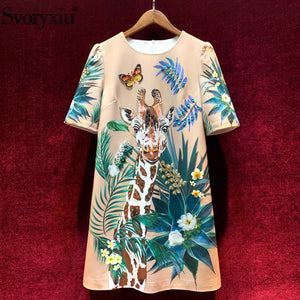 Svoryxiu Runway Custom Summer Cartoon Giraffe Print Loose Dress Women's Short Sleeve Crystal Diamond Fashion Short Dresses 2020