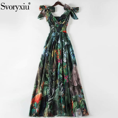 Svoryxiu Runway Women's Summer Plus Size Long Dresses Elastic Waist Deep V-Neck Forest Animal Print Chiffon Holiday Maxi Dresses