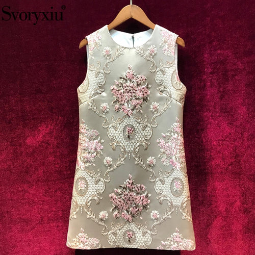 Svoryxiu Runway luxury Summer Party A Line Tank Dress Women's Vintage Flower Print Jacquard Beading Short Dresses Vestdios 2019