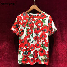 Load image into Gallery viewer, Svoryxiu Summer High Quality Runway Women&#39;s Cotton T-shirt Flower Printing Luxurious Beading Diamond Leisure Top Women