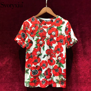 Svoryxiu Summer High Quality Runway Women's Cotton T-shirt Flower Printing Luxurious Beading Diamond Leisure Top Women