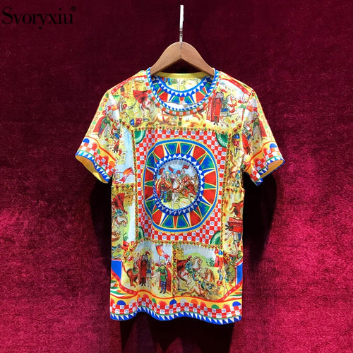 Svoryxiu Summer Women's Cotton T-shirt High Quality Runway Baroque Printing Diamond Vintage Women Top T-shirt