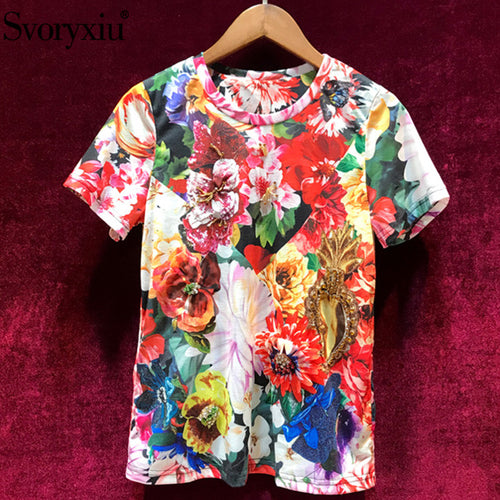 Svoryxiu Women's Summer Flower Print Cotton Short Sleeve T Shirts Manual Diamond Casual Plus Size Runway Tops Tees Female