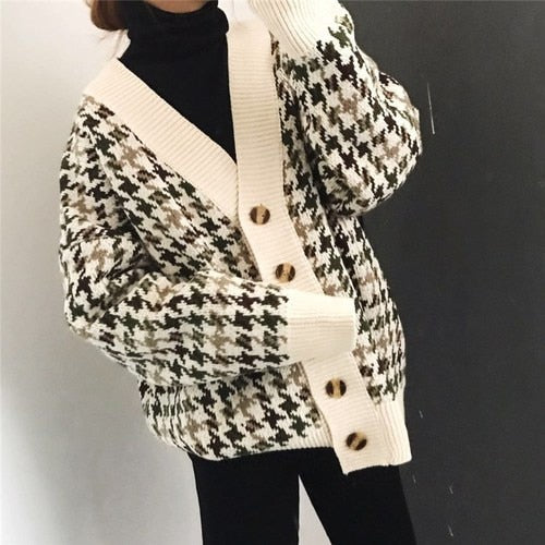 Sweater autumn plaid knitted jacket Korean cardigan new women's long section loose lazy