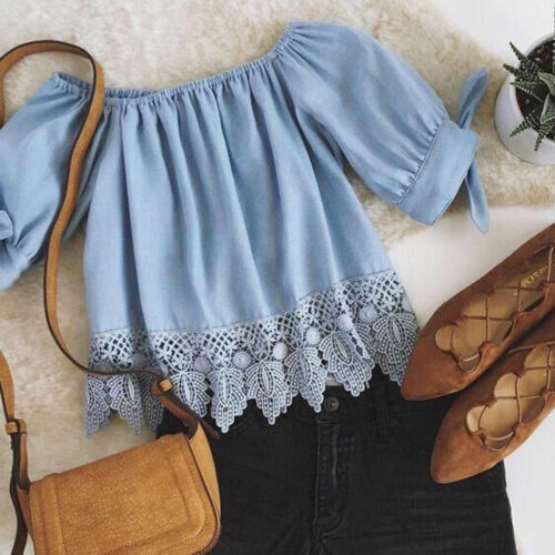 Sweet Girl  Lace Off-shoulder Casual Solid Crop Tops T-Shirt Irregualr Hem Fashion Summer Womens Tops