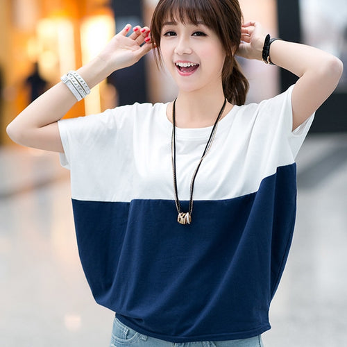 T Shirt Women Tshirt Vintage Summer Short Sleeve pactchwork color plus size cotton T-shirt Batwing Vestidos Ropa Mujer WBX5849
