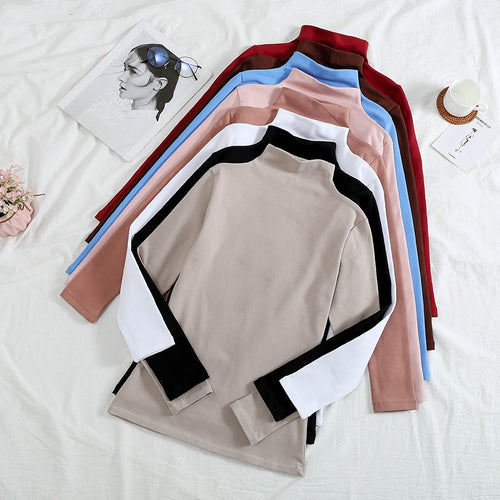 T Shirt Women Tshirt autumn winter Vintage Turtleneck Plus Velvet solid Color Long Sleeve T-shirt Vestidos Ropa Mujer T054