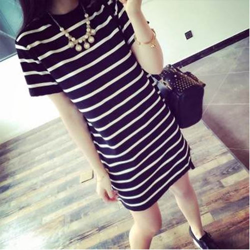 T Shirt Women Tshirt stripes  Vintage 2019 Long Stripe T-shirt Short Sleeves Summer Vestidos Ropa Mujer WBX5725