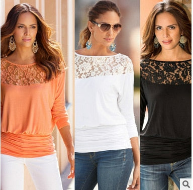 T-shirt women tshirt lace patchwork vintage 2019 loose big size European hollow out chiffon t shirt vestidos ropa mujer LBD1955