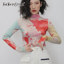 Load image into Gallery viewer, TWOTWINSTYLE Causal Print Hit Color Women&#39;s T-shirt Turtleneck Long Sleeve Slim Shirts For Female Fashion 2020 Clothing Tide New
