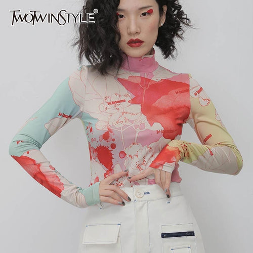 TWOTWINSTYLE Causal Print Hit Color Women's T-shirt Turtleneck Long Sleeve Slim Shirts For Female Fashion 2020 Clothing Tide New