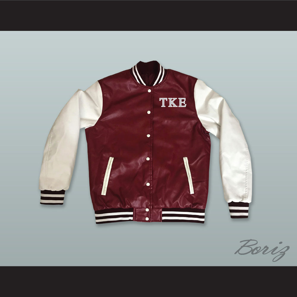 Tau Kappa Epsilon Fraternity Maroon and White Lab Leather Varsity Letterman Jacket