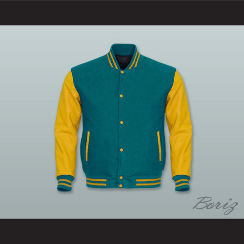 Teal Wool and Yellow Gold Lab Leather Varsity Letterman Jacket