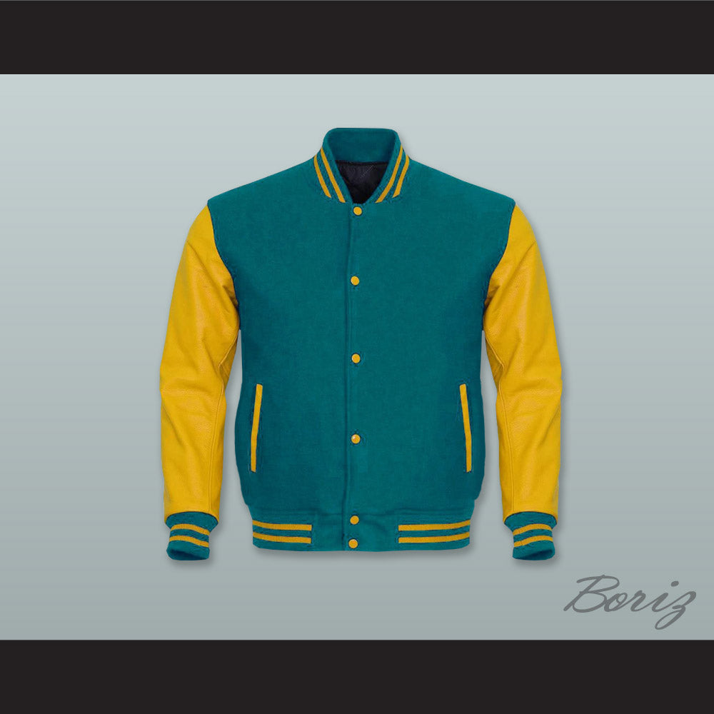 Teal Wool and Yellow Gold Lab Leather Varsity Letterman Jacket