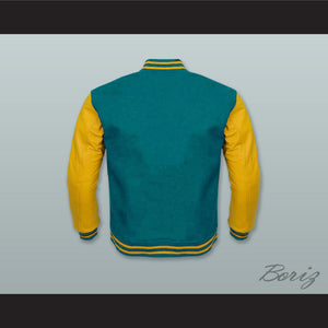 Teal Wool and Yellow Gold Lab Leather Varsity Letterman Jacket