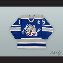 Load image into Gallery viewer, Terry Chitaroni 15 Sudbury Wolves Blue Hockey Jersey