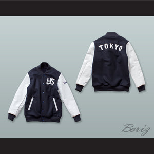 Tokyo Yakult Swallows Navy Blue Wool and White Lab Leather Varsity Letterman Jacket
