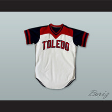 Load image into Gallery viewer, Toledo Mud Hens 9 White and Navy Blue Pullover Baseball Jersey