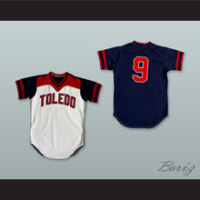 Load image into Gallery viewer, Toledo Mud Hens 9 White and Navy Blue Pullover Baseball Jersey