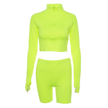 Load image into Gallery viewer, Toplook Fluorescence Fitness Two Pieces Sets Autumn Full Sleeve Zipper Turtleneck Tops High Waist Shorts Suits New Female 2019