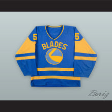 Load image into Gallery viewer, Trent Yawney 5 Saskatoon Blades Blue Hockey Jersey