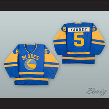 Load image into Gallery viewer, Trent Yawney 5 Saskatoon Blades Blue Hockey Jersey