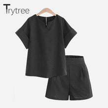Load image into Gallery viewer, Trytree Spring summer Women two piece set Casual Cotton tops + short Soild Female Office plus size Suit Set Short Sleeve Sets