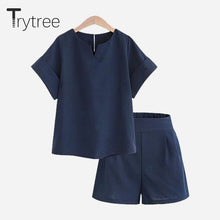 Load image into Gallery viewer, Trytree Spring summer Women two piece set Casual Cotton tops + short Soild Female Office plus size Suit Set Short Sleeve Sets