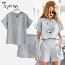 Load image into Gallery viewer, Trytree Spring summer Women two piece set Casual Cotton tops + short Soild Female Office plus size Suit Set Short Sleeve Sets