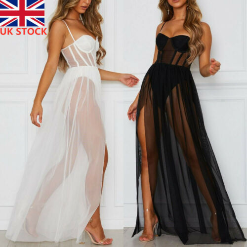 UK Dress Womens Sexy Stars Perspective Mesh Gauze Sleeveless Backless Party Long