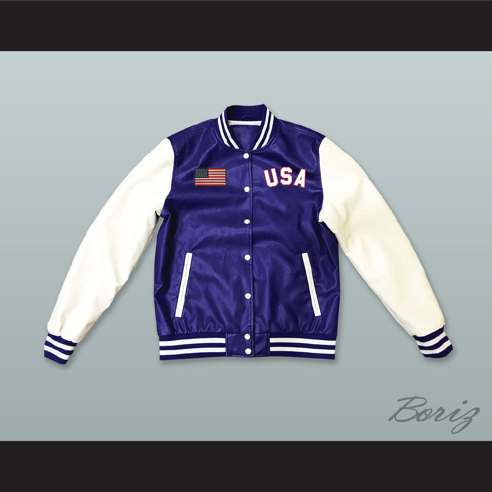 USA Blue and White Lab Leather Varsity Letterman Jacket 4