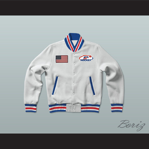 USA White Hockey Varsity Letterman Jacket-Style Sweatshirt