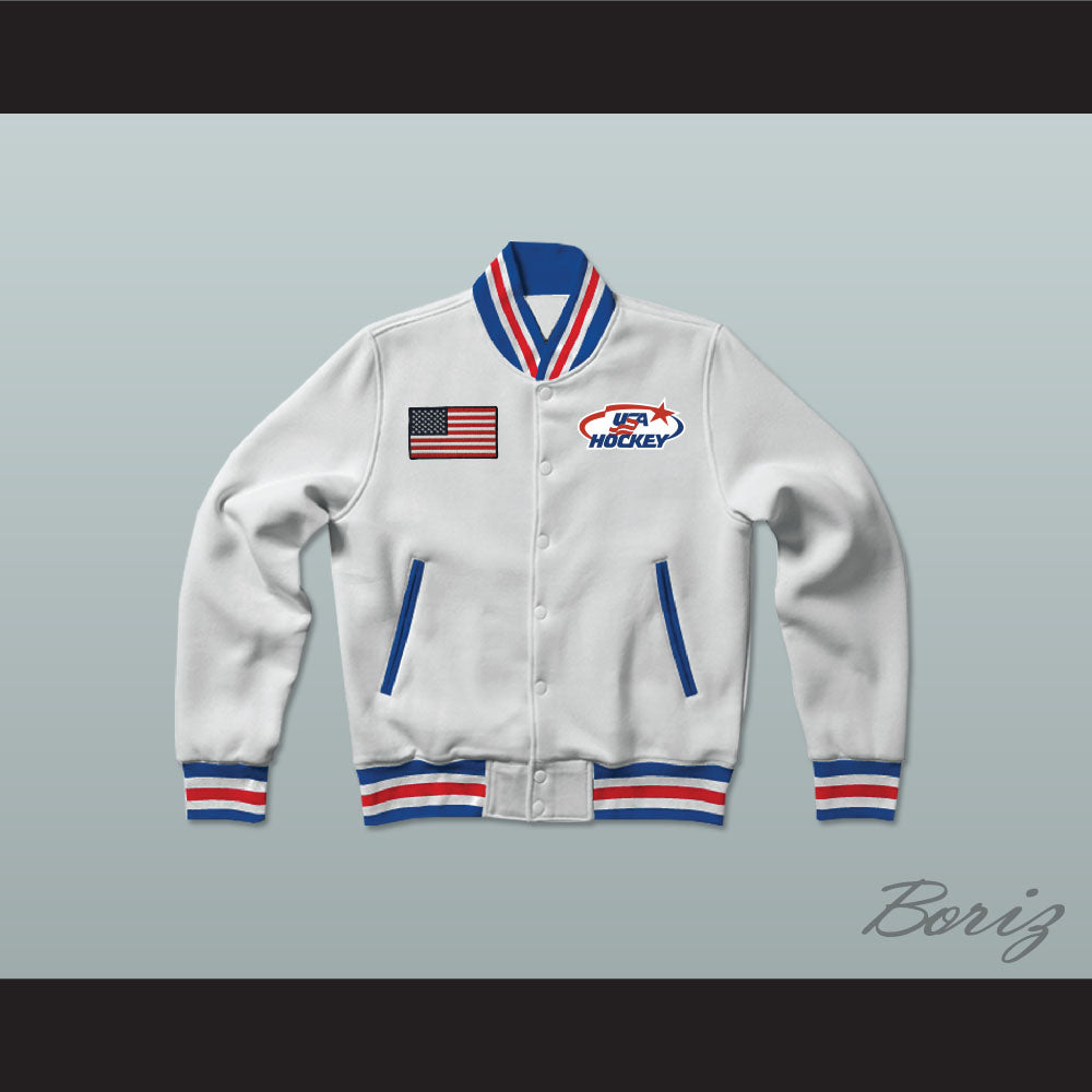 USA White Hockey Varsity Letterman Jacket-Style Sweatshirt