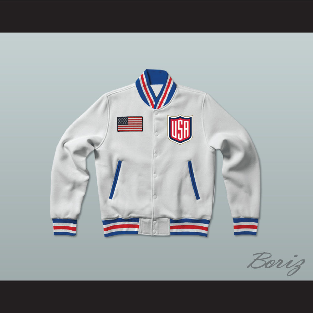 USA White Varsity Letterman Jacket-Style Sweatshirt 2